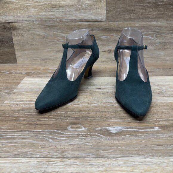 Calico All Nighter Green Suede Pointed Toe Mary Jane Heels Women's Size 9 - Picture 1 of 6